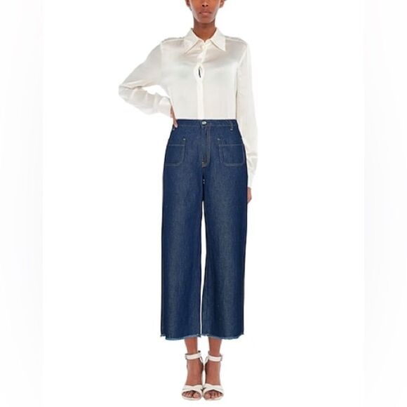 Ottod’Ame 30 Denim Pants Chambray Flared Cut High Waisted Patch Pockets - Picture 1 of 16